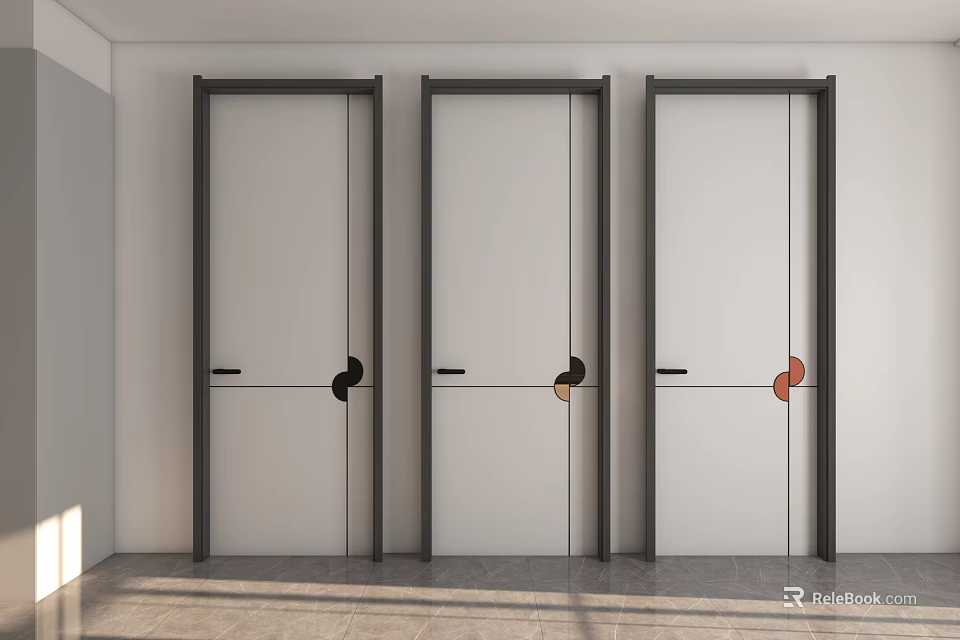 Modern Minimalist Interior Flat Panel Doors With White Panels Dark Frames And Circular Accents 3d model