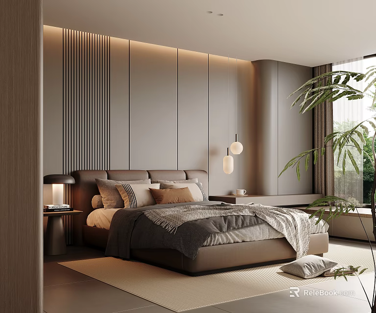 Modern Bedroom Interior Design With Wooden Striped Wall Pendant Light Bedside Lamp And Green Plant 3d model 