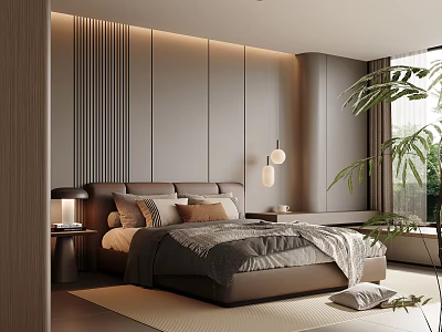 Modern Bedroom Interior Design With Wooden Striped Wall Pendant Light Bedside Lamp And Green Plant 3d model