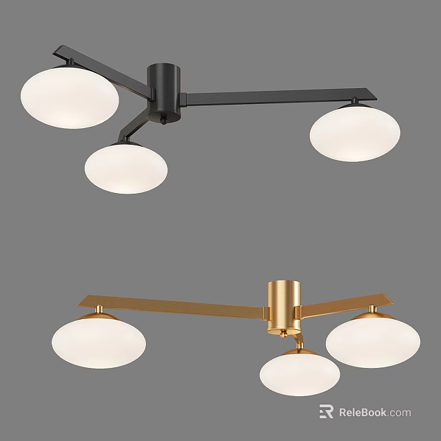Modern Chandelier Design with Black and Gold Frame and Four Round White Shades 3d model 