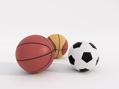 Collection of Sports Equipment Featuring Red Yellow Basketballs and Black White Soccer Ball 3d model