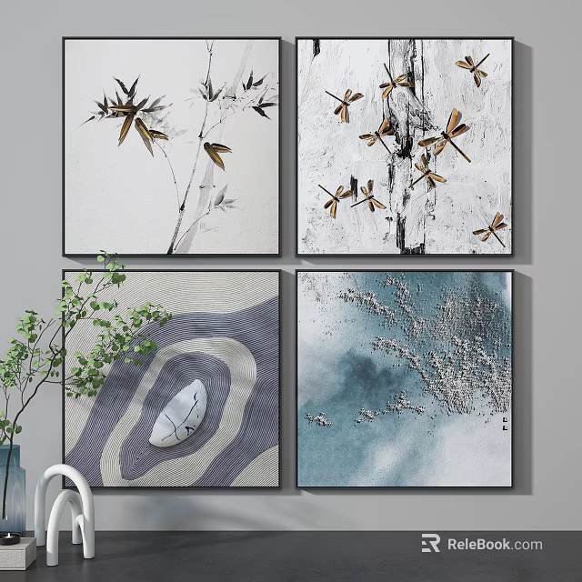 Four Piece Decorative Paintings With Bamboo Dragonflies Abstract Patterns And Cloud Designs 3d model