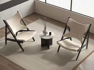 Modern Leisure Chairs With Black Frame Beige Cushion Small Table Vase Wooden Floor And Rug 3d model