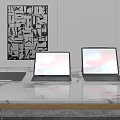 Two Open Laptops And One Closed Tablet On Marble Tabletop With Modern Abstract Wall Art 3d model
