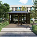 Modern Landscape Pavilion With Greenery Trees Seating Area Stone Pavement And Building