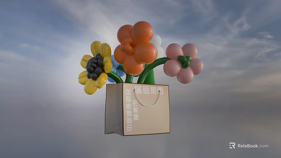 Inflatable Shopping Bag Decoration with Colorful Flower Shapes Against Blue Sky 3d model 