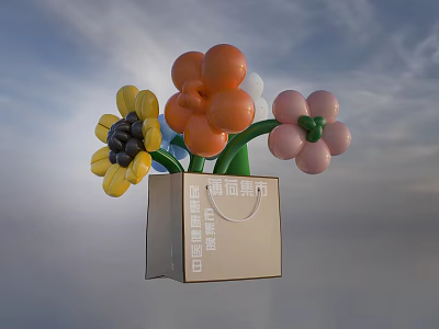 Inflatable Shopping Bag Decoration with Colorful Flower Shapes Against Blue Sky 3d model