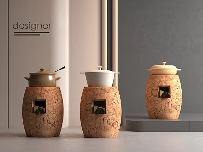 Designer Kitchen Cooking Pots With Cork Texture Lids And Decorative Openings 3d model