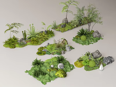 Diverse Plant Combinations with Moss Stones and Various Green Plants 3d model