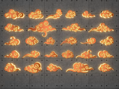 Check-in Photo Spot With Multiple Illuminated Gold Orange Cloud Patterns On Gray Background 3d model