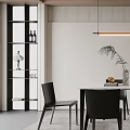 Modern Restaurant Interior With Dining Table Black Chairs Hanging Pendant Lights And Open Space