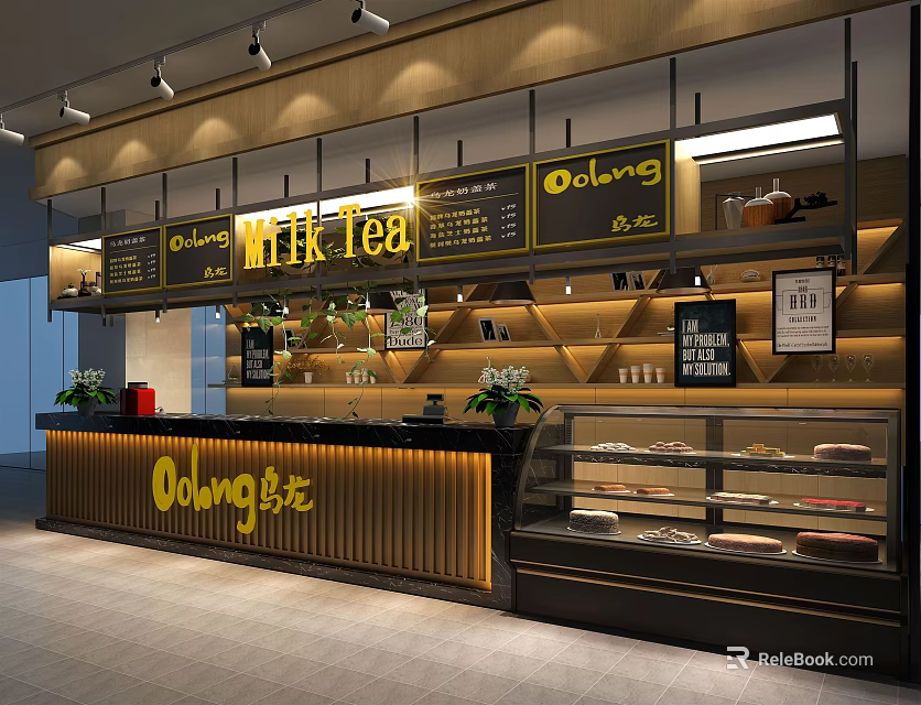 Modern Milk Tea Shop Interior With Counter Menu Boards And Display Cases 3d model 