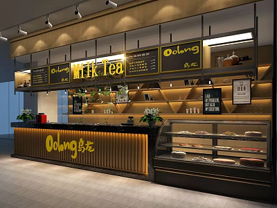 Modern Milk Tea Shop Interior With Counter Menu Boards And Display Cases 3d model