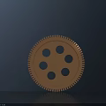 Light Brown Circular Gear With Toothed Edge And Multiple Holes On Dark Reflective Background