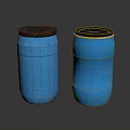 Two Blue Industrial Drums With Brown Lids And Smooth Surface On Dark Background
