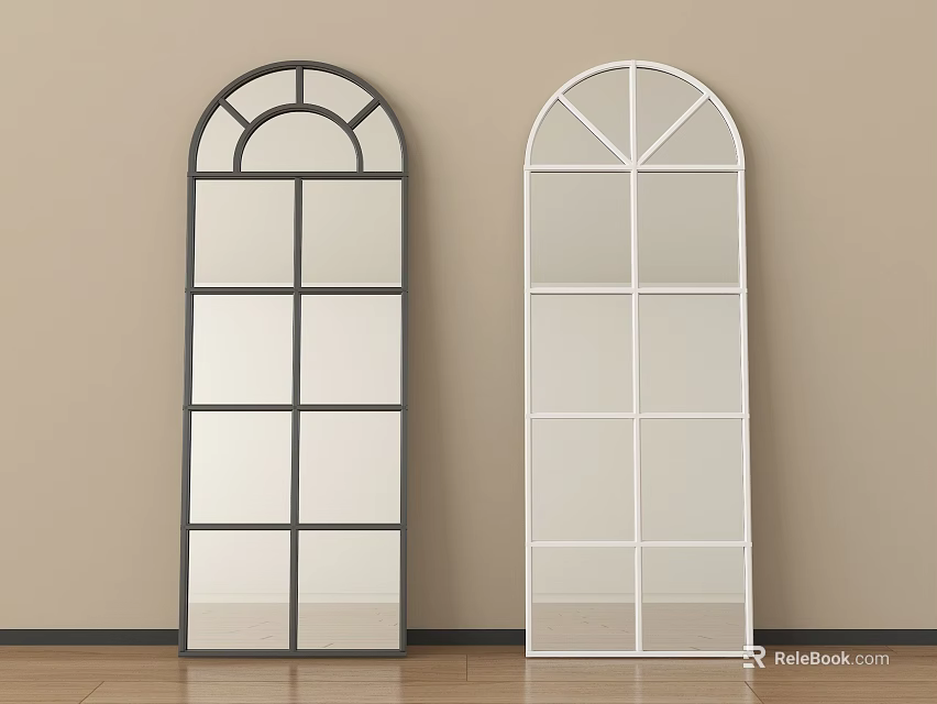 Black and White Arched Top Grid Design Mirrors Against Beige Wall And Wooden Floor 3d model 