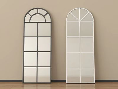 Black and White Arched Top Grid Design Mirrors Against Beige Wall And Wooden Floor 3d model