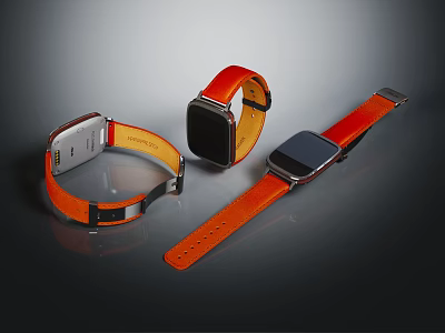 Modern Electronic Smart Watches With Orange Leather Straps And Metal Frames 3d model