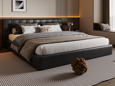 Black Double Bed with Plush Pillows White Grey Bedding and Striped Rug in Modern Bedroom 3d model