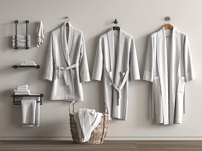 Bathroom Accessories Setup With Bathrobes Towels Racks And Wicker Basket 3d model
