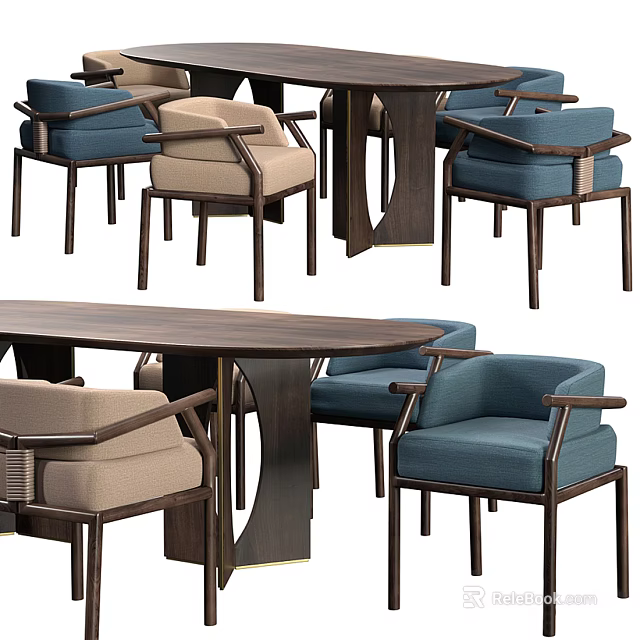 Modern Wooden Dining Table Set With Blue And Beige Upholstered Chairs 3d model 