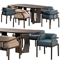 Modern Wooden Dining Table Set With Blue And Beige Upholstered Chairs
