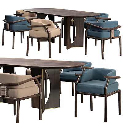 Modern Wooden Dining Table Set With Blue And Beige Upholstered Chairs 3d model