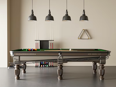 Billiard Room Interior With Green Felt Pool Table Pendant Lights And Triangle Rack 3d model