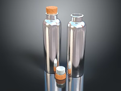 Modern Stainless Steel Silver Bottles With Cork Stoppers For Everyday Use Items 3d model