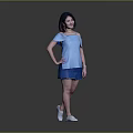 Woman In Stylish Blue Off Shoulder Top Blue Skirt And White Shoes On Gray Background