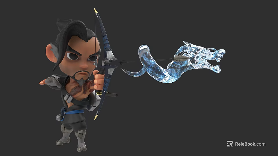 Cartoon Game Character Holding Bow With Blue Wolf Shaped Arrow In Action Pose 3d model 