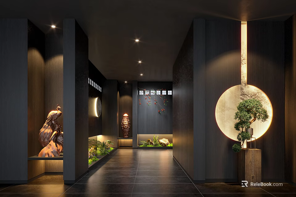 Hotel Corridor With Dark Walls Black Tiled Floor Rock Sculpture Circular Decor And Green Plants 3d model 