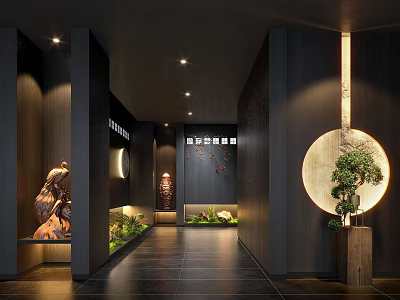 Hotel Corridor With Dark Walls Black Tiled Floor Rock Sculpture Circular Decor And Green Plants 3d model