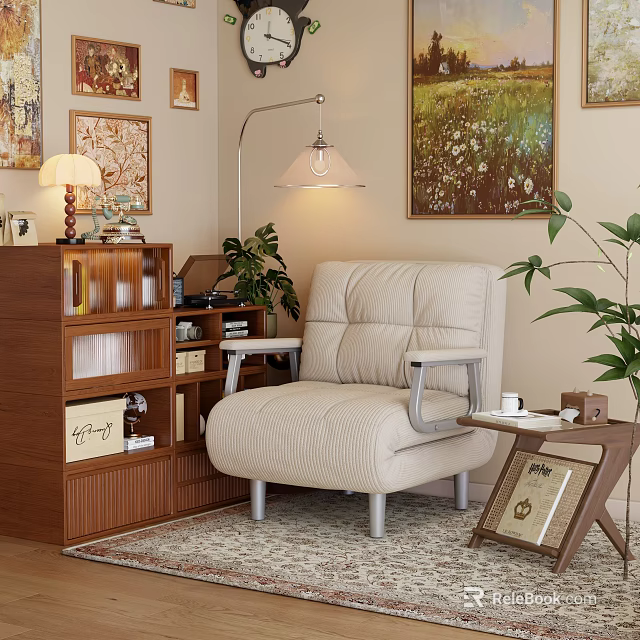 Cozy Recliner Sofa Set With Wooden Bookshelf Floor Lamp And Green Plants 3d model 