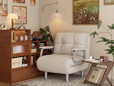 Cozy Recliner Sofa Set With Wooden Bookshelf Floor Lamp And Green Plants 3d model