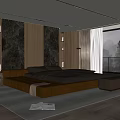 Modern Bedroom Interior With Leather Bed Stone Accent Wall Recessed Lighting And Floor To Ceiling Windows