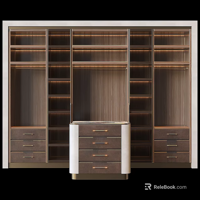 Modern Wooden Wardrobe With Open Shelves And Multiple Drawers Storage Design 3d model 
