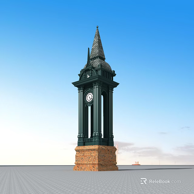 Green Garden Ornament Clock Tower With Spire And Stone Base 3d model 
