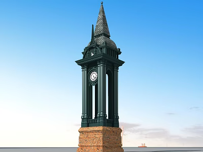 Green Garden Ornament Clock Tower With Spire And Stone Base 3d model