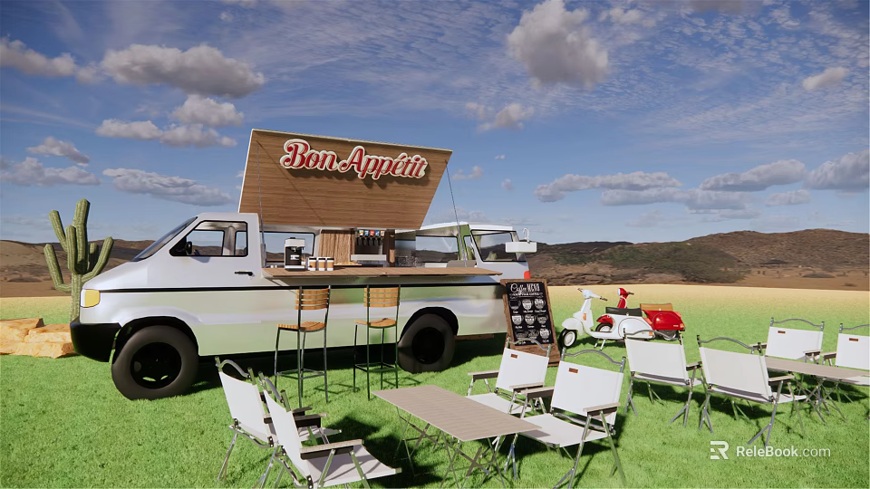 Bon Appetit Food Truck Setup With Bar Stools Tables Chairs And Grass Background 3d model 