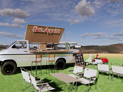 Bon Appetit Food Truck Setup With Bar Stools Tables Chairs And Grass Background 3d model