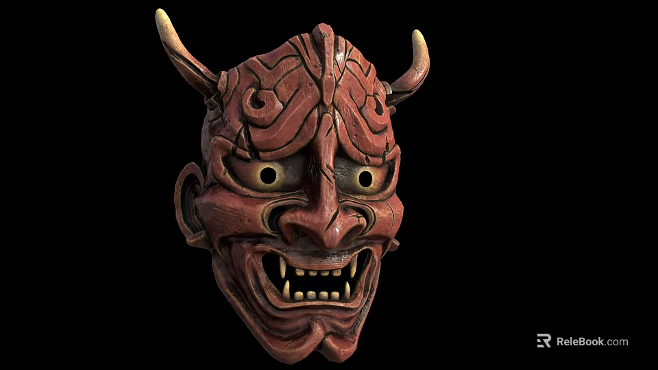 Traditional Red Horned Carved Wooden Mask With Intricate Facial Features 3d model 