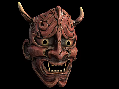 Traditional Red Horned Carved Wooden Mask With Intricate Facial Features 3d model
