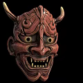 Traditional Red Horned Carved Wooden Mask With Intricate Facial Features