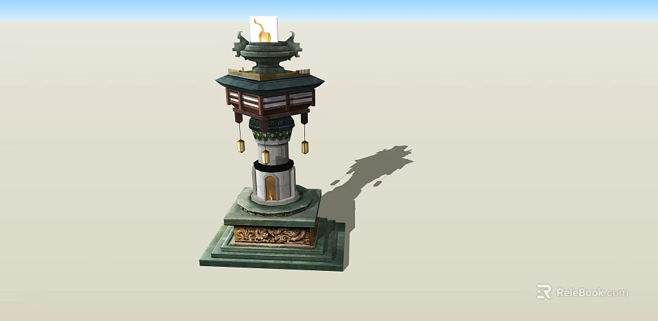 Traditional Multi Layer Oriental Tower With Flag Top And Hanging Lanterns 3d model
