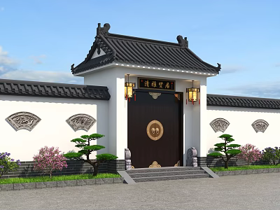 Traditional Chinese Gate With Black Tiled Roof Wooden Plaque Hanging Lanterns Stone Lions And Pink Flowers 3d model