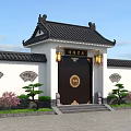 Traditional Chinese Gate With Black Tiled Roof Wooden Plaque Hanging Lanterns Stone Lions And Pink Flowers