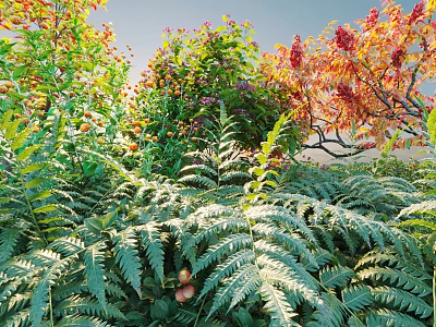 Lush Shrubs With Green Ferns Colorful Foliage And Berries In Natural Garden 3d model
