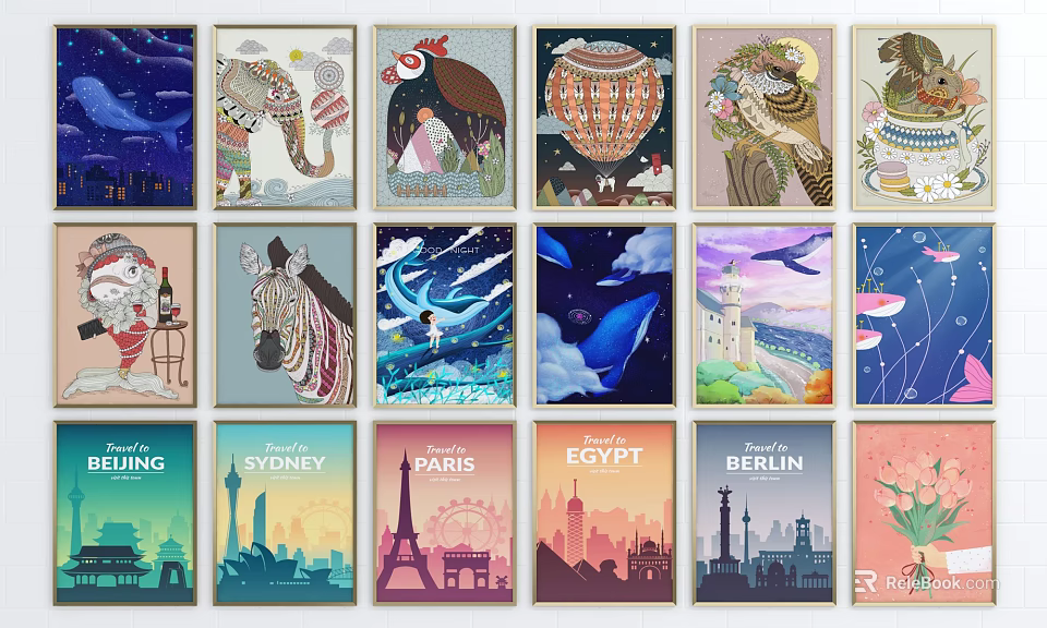 Colorful Wall Art Prints With Animal Cityscape Starry Sky And Floral Designs 3d model 