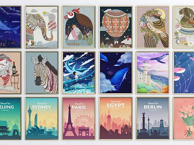 Colorful Wall Art Prints With Animal Cityscape Starry Sky And Floral Designs 3d model